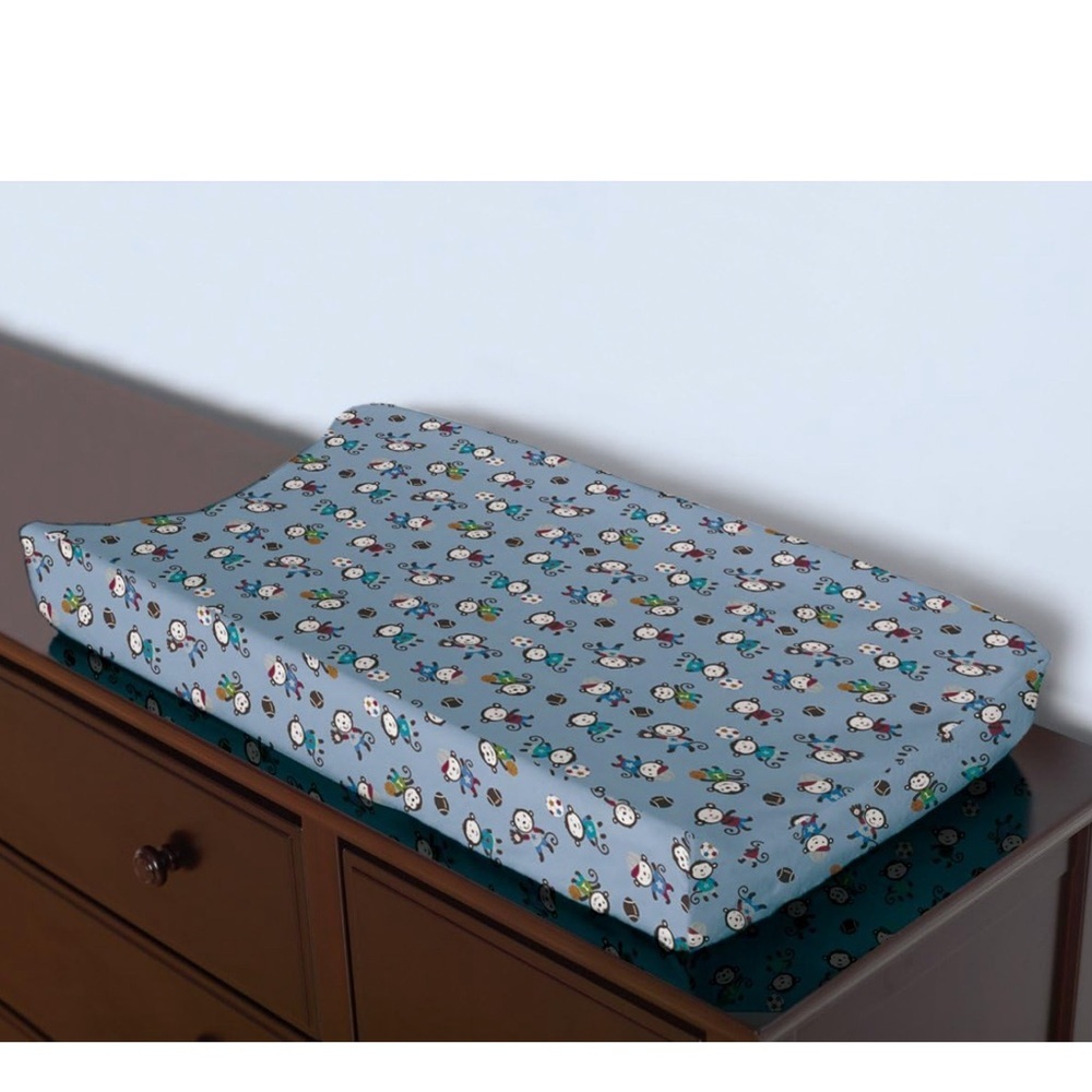 Summer Changing Pad Cover Team Monkey Football Baseball Baby Nursery Blue NEW